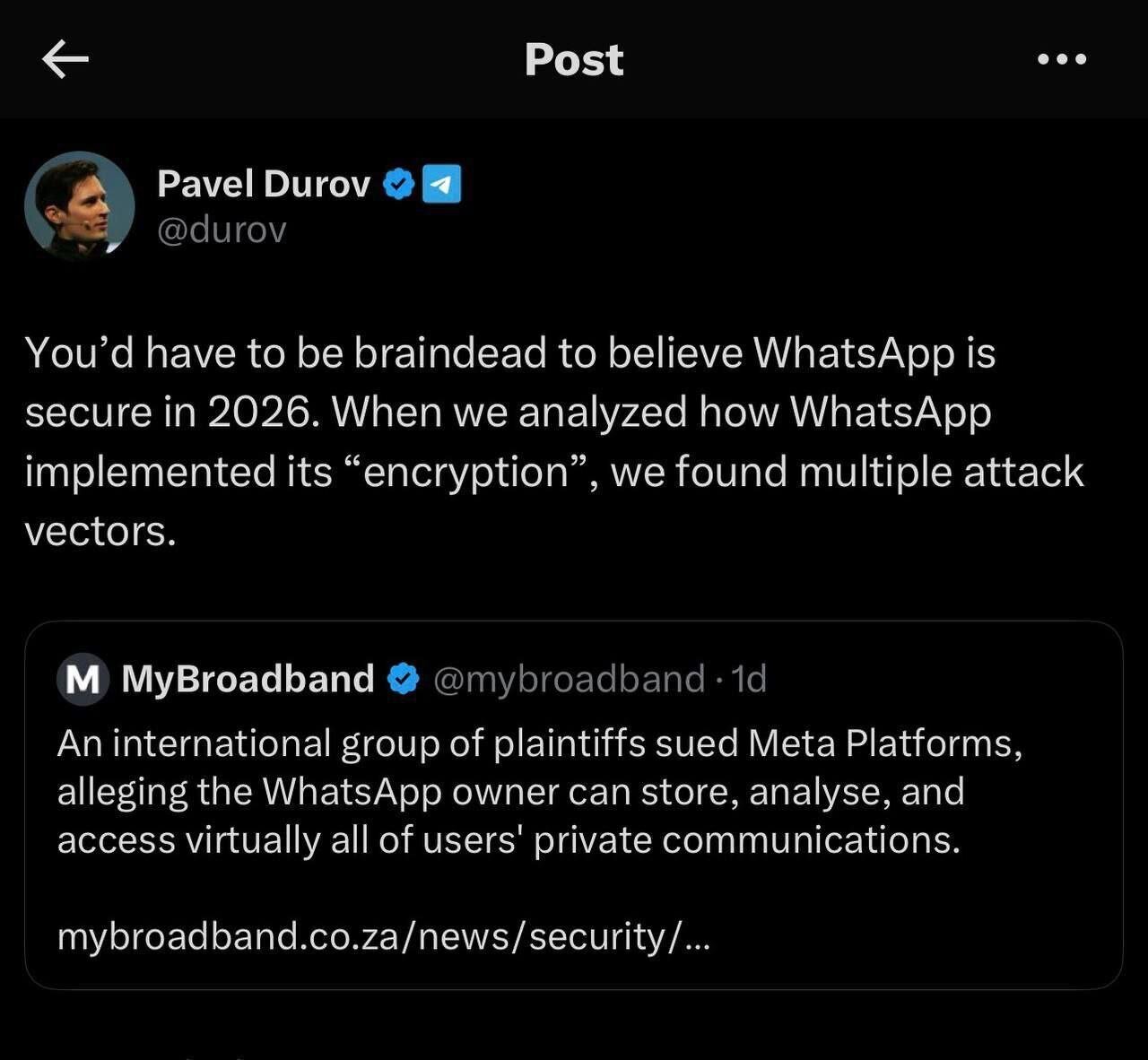 مالک تلگرام: کاربران نباید به امنیت واتس‌اپ اعتماد کنند
